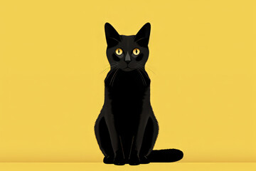 A solitary black cat on a yellow background