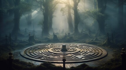 Picture a dreamcatcher positioned in the center of a spiral wooden maze, with mist adding an enchanting touch to the background. - obrazy, fototapety, plakaty