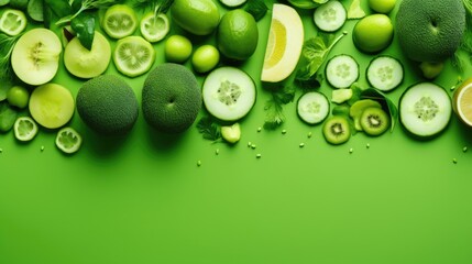 Vibrant slices of fresh, green fruits and vegetables artfully arranged on a matching green...