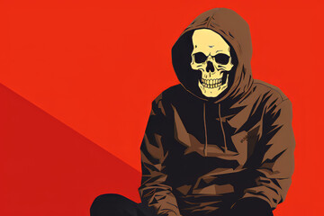 skeleton in a hoodie, red background