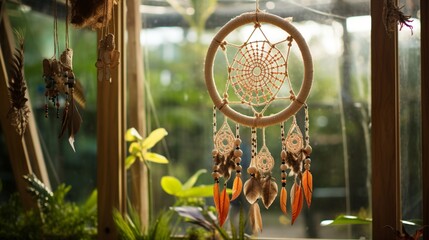 Fototapeta na wymiar Visualize a dreamcatcher made of recycled materials, hanging in an eco-friendly setting, showcasing sustainability with aesthetic appeal.