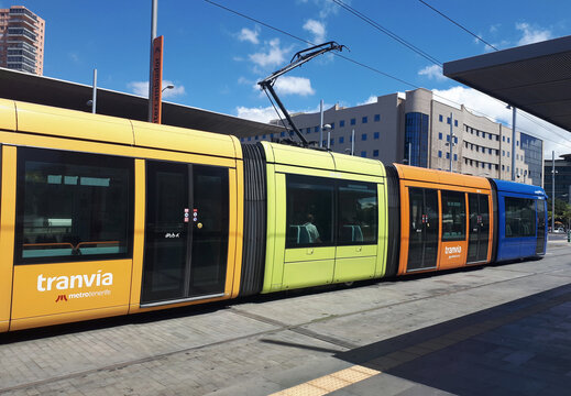 Santa Cruz de Tenerife, Canary Islands, Spain - June 21, 2019: Modern colorful tram Alstom Citadis 302, urban public transport