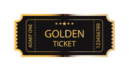 Golden ticket with stars and the inscription "Admit one". Vector illustration. 2023