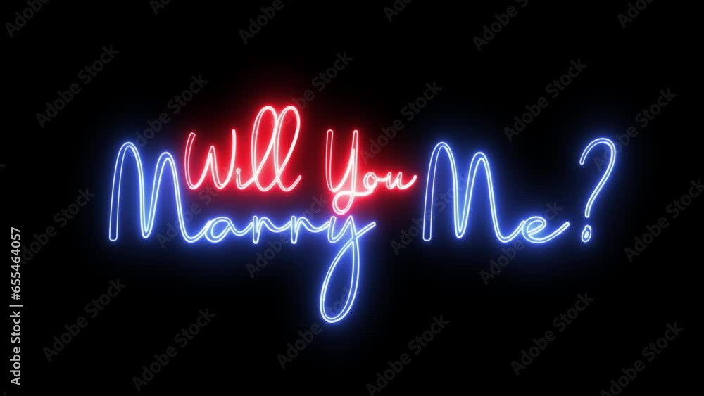 Poster will you marry me text font with neon light. luminous and shimmering haze inside the letters of the 