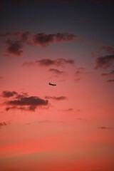 airplane ready to land in a scenic sunset 