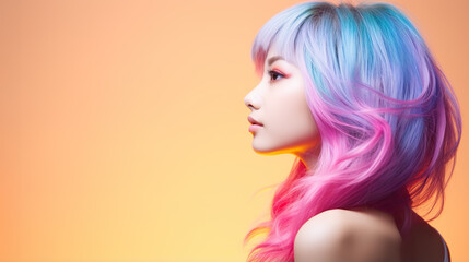 Portrait of an asian woman, girl with multi-colored, colorful Hair on pastel background with copyspace for text