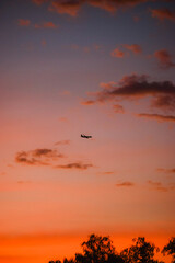 sunset with airplane landing