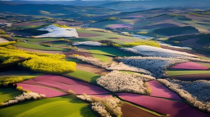 Bird's eye view of patchwork farmlands in spring with pastel blossoms. beautiful landscape of country farm plains. generative AI