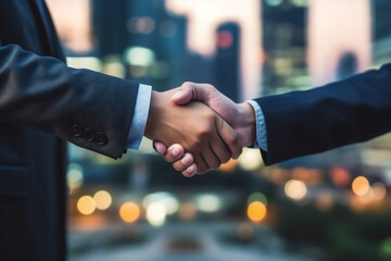 A close-up of a handshake, businessman making handshake with partner in the city for dealing, merger and acquisition concepts. AI Generative