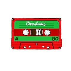 An illustration of a vintage cassette tape in red and green represent Christmas and labelled “Christmas”