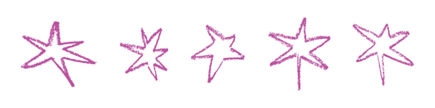 Naklejki Shape elements, abstract. Graphic pink stars among scribble doodles, color collage. Flat vector illustrations isolated on white background
