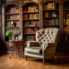  a library with a bookcase and armchair 
