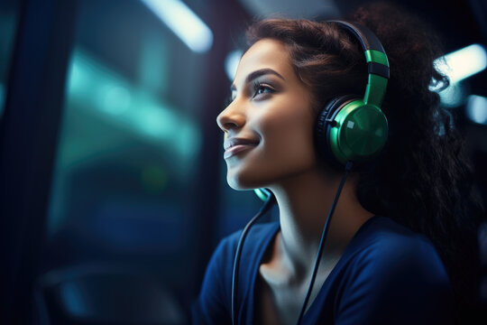 Woman Wearing Green Headphones And Blue Shirt. This Image Can Be Used To Depict Technology, Music, Or Fashion Themes