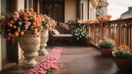 Fototapeta na wymiar Balcony decorated with beautiful flowers