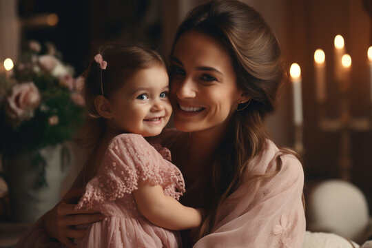 Woman is shown holding little girl in her arms. This heartwarming image captures bond between mother or caregiver and child. Perfect for showing love and care in family relationships.