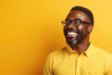 Picture of man wearing glasses and yellow shirt. Suitable for various uses