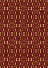 Hand-drawn unique abstract symmetrical seamless gold ornament and splatters of golden glitter on a deep red background. Paper texture. Digital artwork, A4. (pattern: p10-4f)