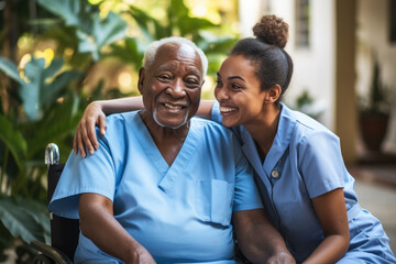 Nurse and elderly woman sharing genuine smile. Connection and compassion between caregiver and patient. Perfect for healthcare-related projects and promoting elderly care services - obrazy, fototapety, plakaty