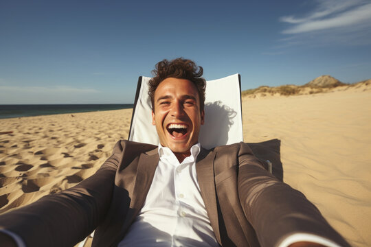 Man is seen laying in comfortable beach chair, enjoying serene atmosphere. This picture can be used to depict relaxation, vacations, leisure activities, or concept of taking break from everyday life