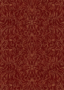 Hand-drawn unique abstract symmetrical seamless gold ornament and splatters of golden glitter on a deep red background. Paper texture. Digital artwork, A4. (pattern: p11-1d)