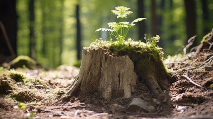 Young tree emerging from old tree stump in forest. Nature concept - obrazy, fototapety, plakaty