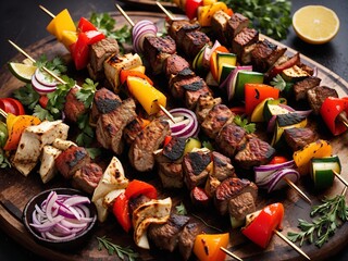 A sizzling shish kebab feast on skewers, perfectly charred and dripping with savoury juices, grilling over an open flame.