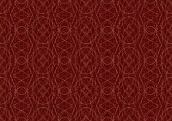 Hand-drawn unique abstract symmetrical seamless gold ornament on a deep red background. Paper texture. Digital artwork, A4. (pattern: p10-2c)