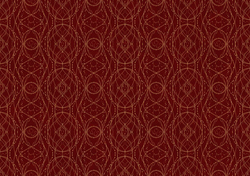 Hand-drawn unique abstract symmetrical seamless gold ornament on a deep red background. Paper texture. Digital artwork, A4. (pattern: p10-2c)