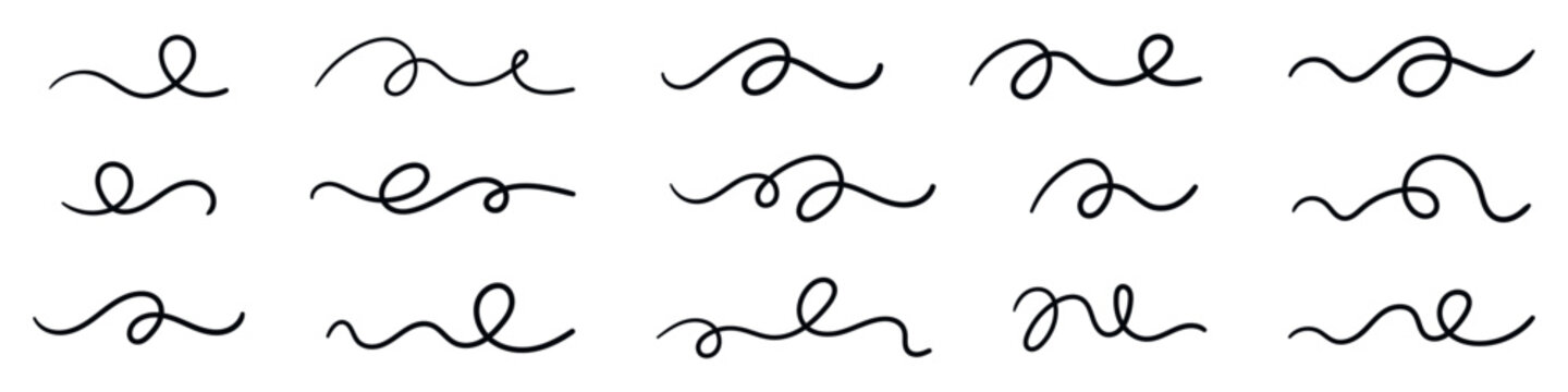 Hand drawn swoosh and underline elements curly and squiggly. Calligraphy or decorative strokes. Flat vector illustration isolated on white background.