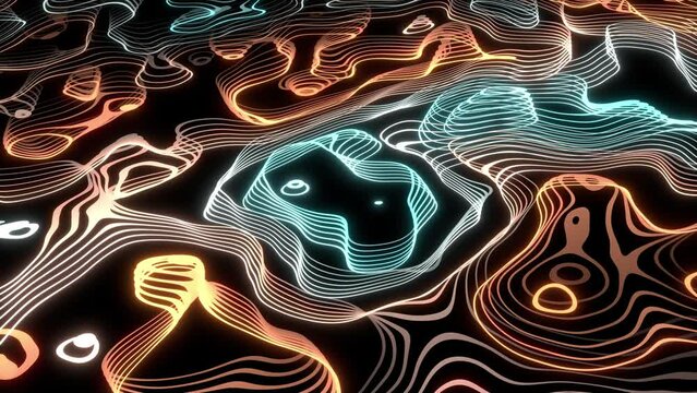 abstract neon vibrant colorful orange 3d loop animation background, can be used to represent topography pattern texture, string theory multiverse, quantum physics, sci-fi cyberpunk psychedelic