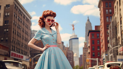 Generative AI, beautiful young woman dressed in 50s retro style with stylish hair stands on the street of old new york with cars, vintage fashion, feminine girl, designer dress, skirt, pin up