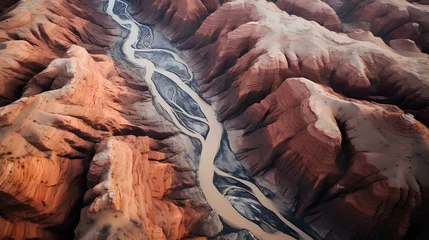 Fotobehang Aerial view of a red desert canyon carved by a gleaming silver river. vast and beautiful landscape of the great gorge. generative AI © yj