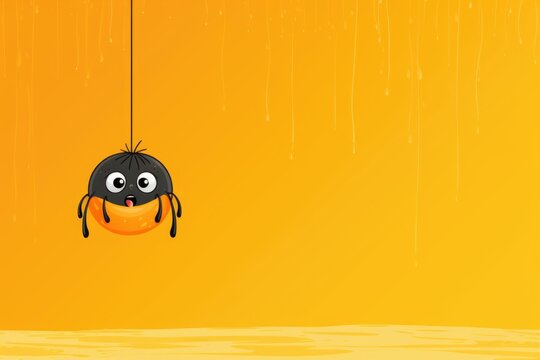 Halloween funny comedy drawing, scaret spider hanging on web orange background.