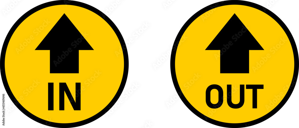 Poster yellow and black in and out round warning direction info sticker badge icon with an arrow and text. 
