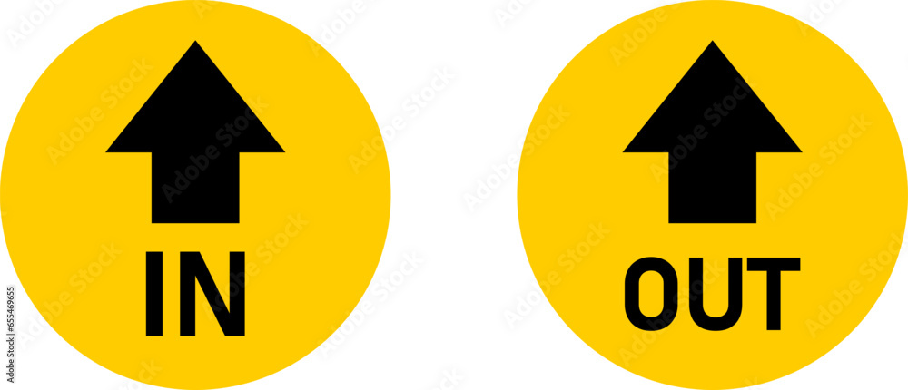 Poster yellow and black in and out round warning direction info sticker badge icon with an arrow and text. 