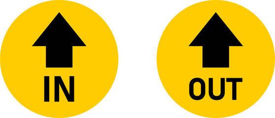 Yellow and Black In and Out Round Warning Direction Info Sticker Badge Icon with an Arrow and Text. Vector Image.