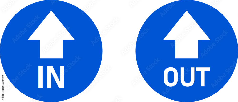 Poster blue and white in and out round warning direction info sticker badge icon with an arrow and text. ve