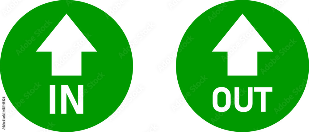 Aufkleber green and white in and out round warning direction info sticker badge icon with an arrow and text. v