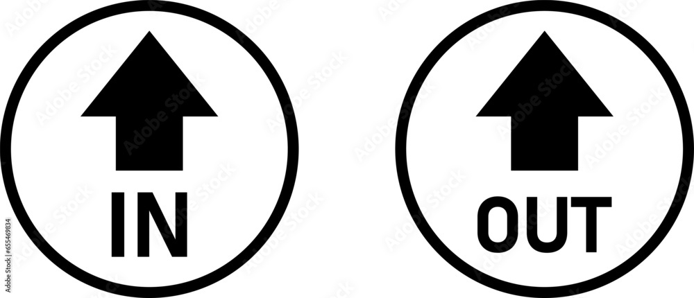 Poster black and white in and out round warning direction info sticker badge icon with an arrow and text. v