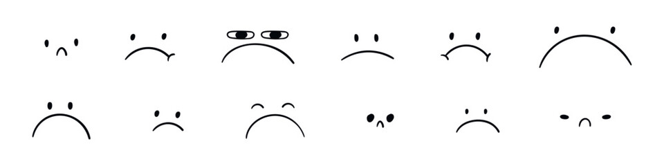 Set of cartoon character faces with emotions like sadness with doodle eyes. Flat vector illustration isolated on white background. - obrazy, fototapety, plakaty
