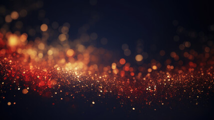 Abstract background with dark blue and gold particles. Navy blue background with golden light shining through Gold & Red particles. Bokeh effect. Holiday-themed