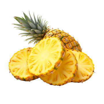 ripe pineapple slices isolated on white background, ai generated
