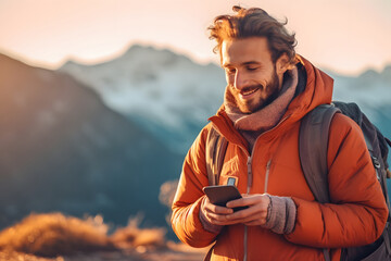 Man hiking in the mountains and using his cell phone