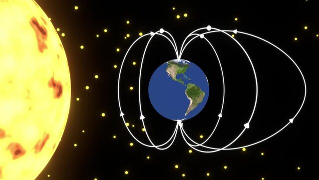 earth magnetosphere 3d animation. Can be used to represent ultraviolet light skin damage, van allen belt electromagnetic field shield or radioactive sun rays