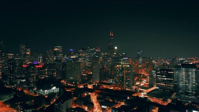 Nighttime Aerial Views of Downtown Chicago
