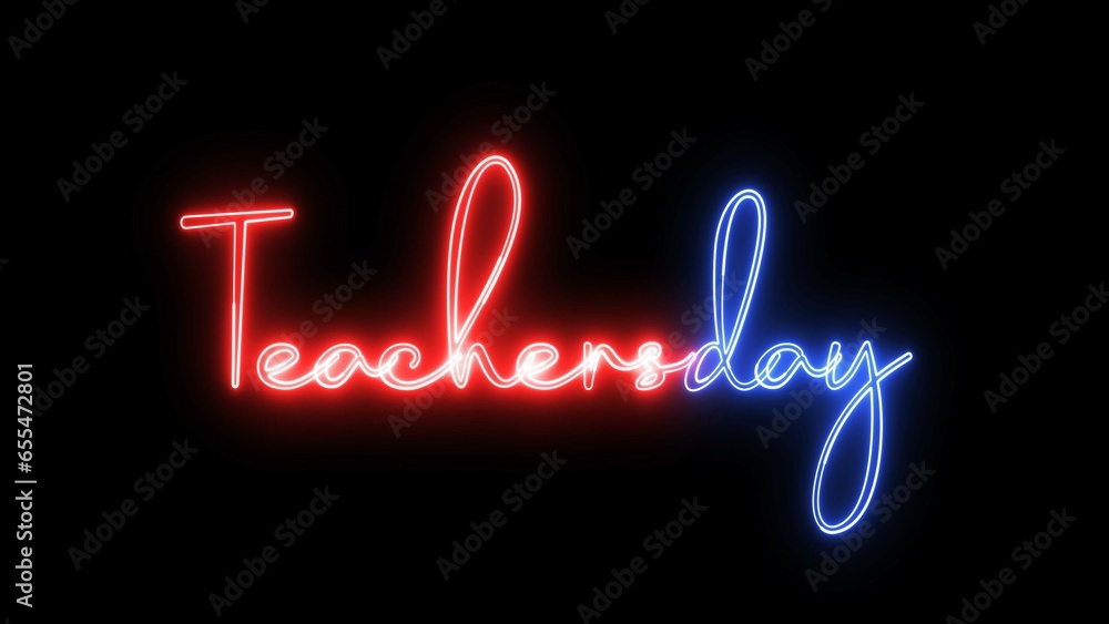 Poster teachers day text font with neon light. luminous and shimmering haze inside the letters of the text 