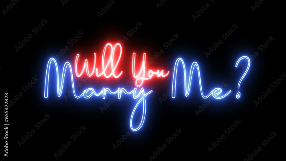 Poster will you marry me text font with neon light. luminous and shimmering haze inside the letters of the 