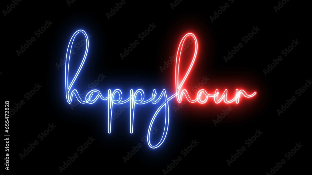 Poster happy hour text font with neon light. luminous and shimmering haze inside the letters of the text ha