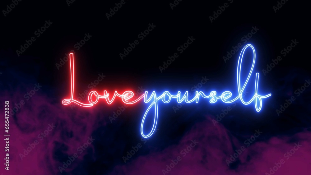 Poster love yourself text font with light. luminous and shimmering haze inside the letters of the text love