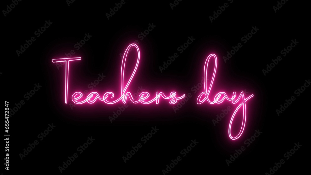 Poster teachers day text font with neon light. luminous and shimmering haze inside the letters of the text 